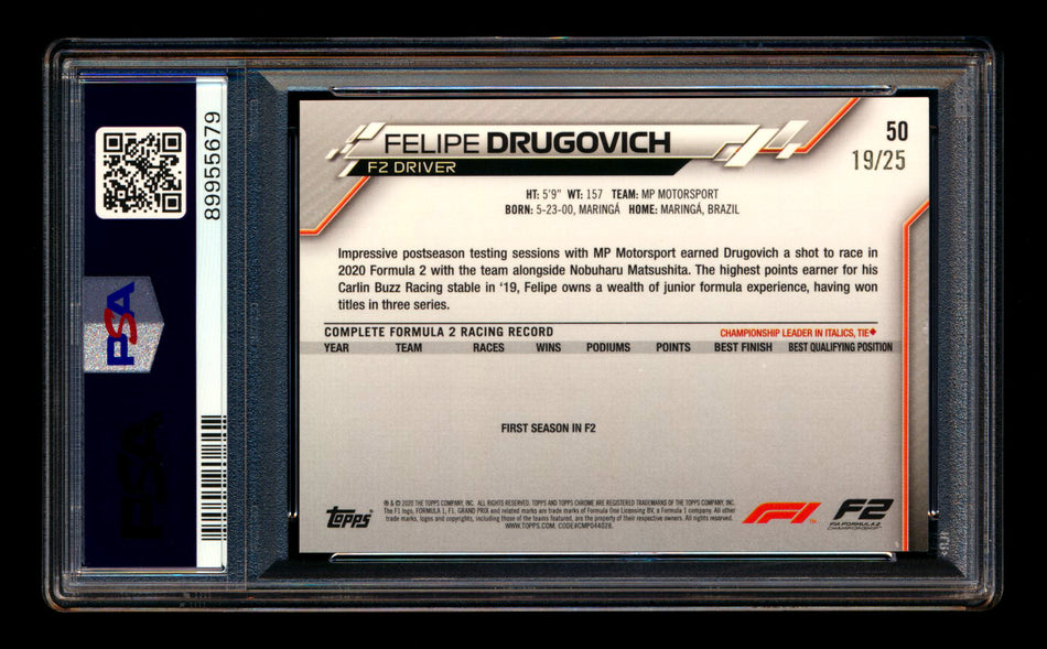 2020 Topps Chrome F1 #50 Felipe Drugovich RC Orange Refractor #19/25 PSA 8