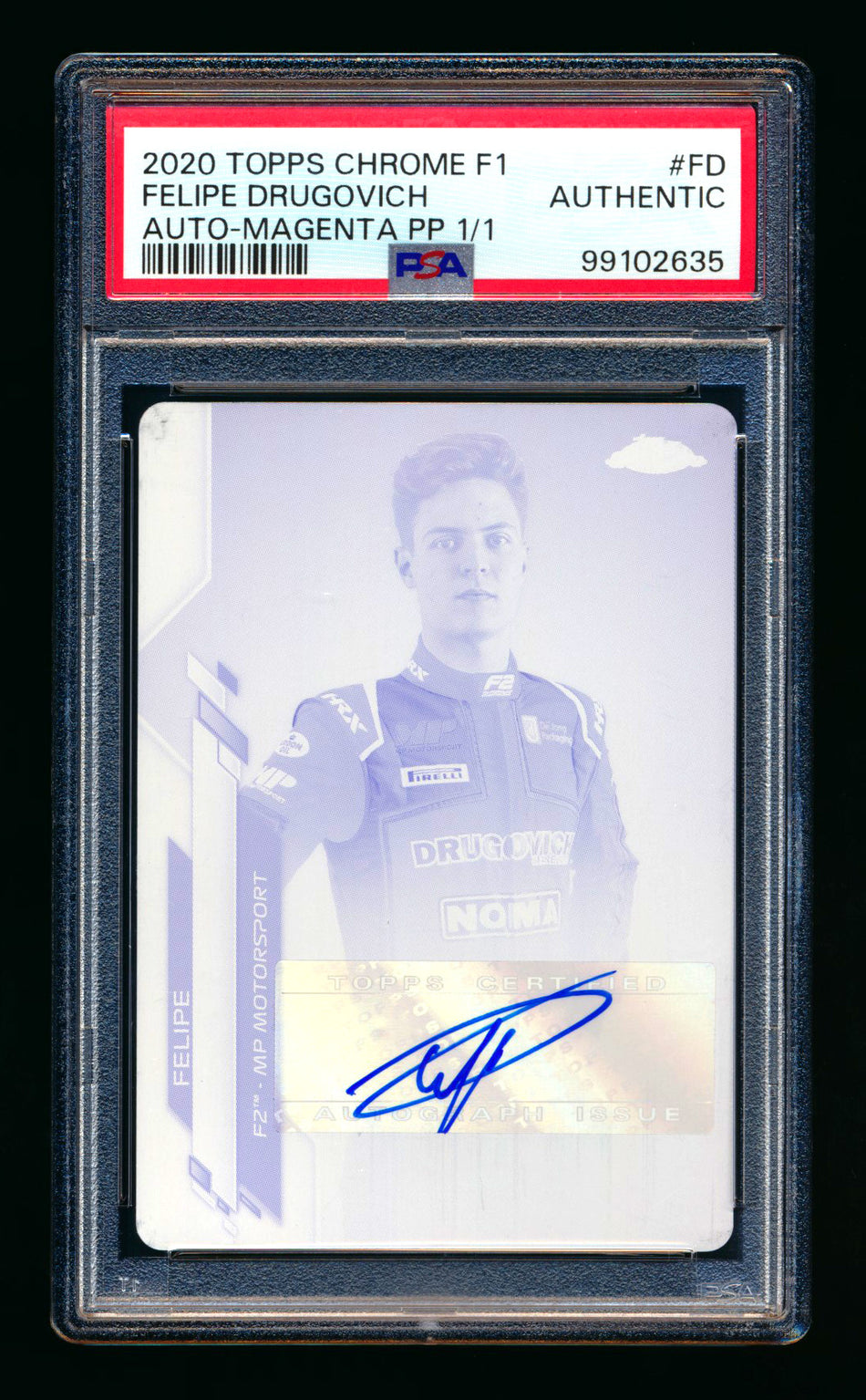 2020 Topps Chrome F1 #F1A-FD Felipe Drugovich RC Magenta Printing Plate Autograph #1/1 PSA Authentic