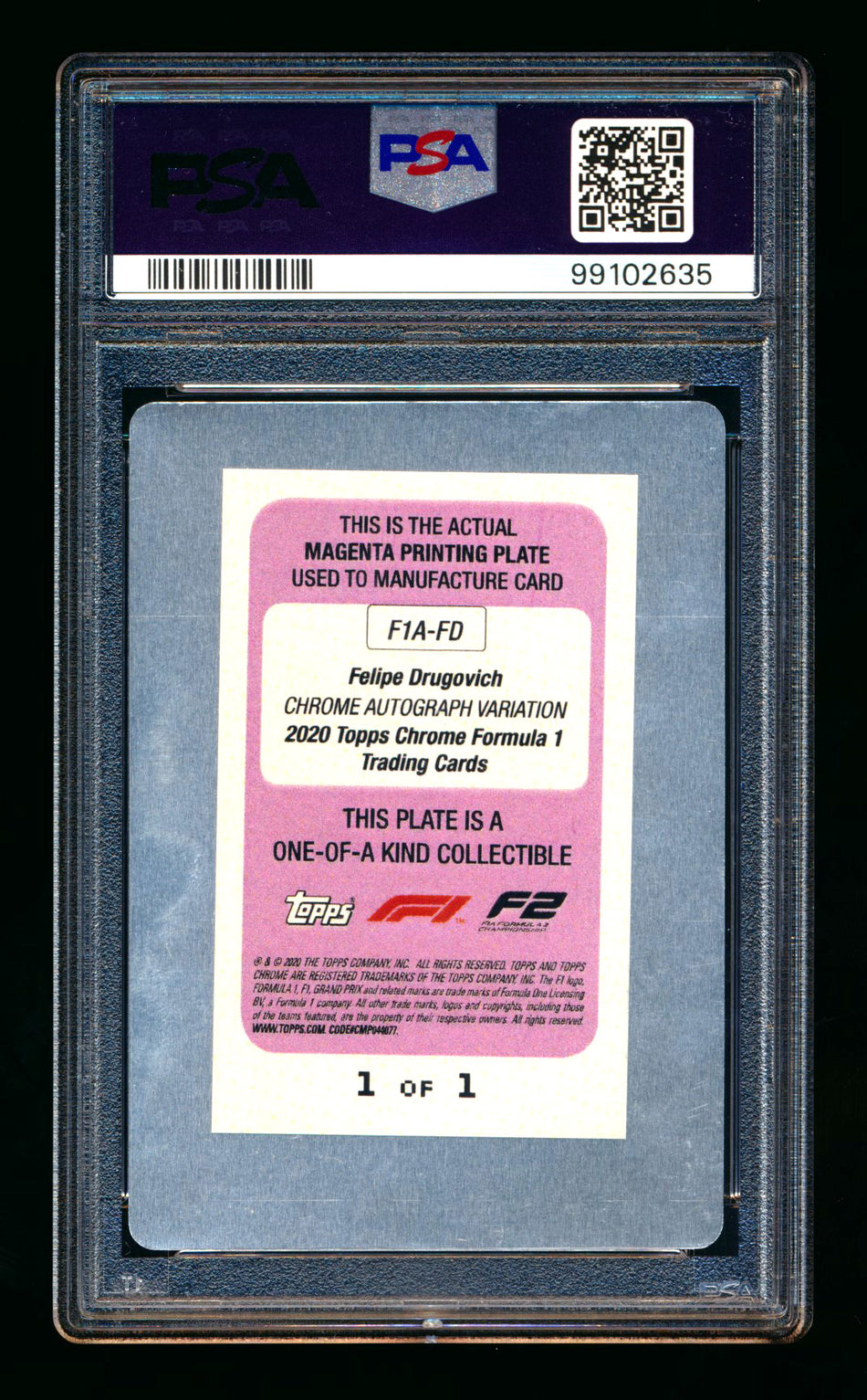 2020 Topps Chrome F1 #F1A-FD Felipe Drugovich RC Magenta Printing Plate Autograph #1/1 PSA Authentic