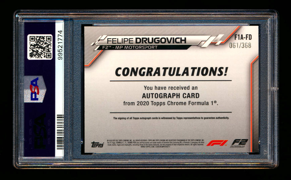 2020 Topps Chrome F1 #F1A-FD Felipe Drugovich RC Refractor Autograph #061/368 PSA 7 DNA 10