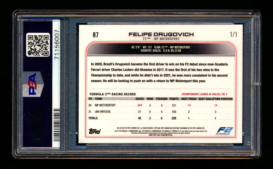 2022 Topps Chrome F1 #87 Felipe Drugovich RC Superfractor #1/1 PSA 9