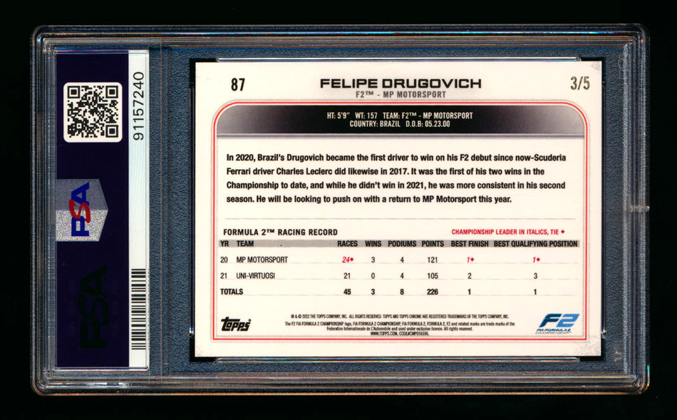 2022 Topps Chrome F1 #87 Felipe Drugovich RC Red Raywave Refractor #3/5 PSA 10