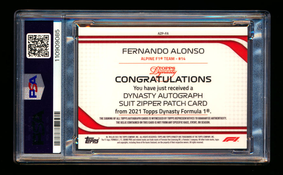 2021 Topps Dynasty F1 #AZP-FA Fernando Alonso ROOKIE Zipper Patch Autograph #05/10 PSA 10 Gem Mint - POP 1!
