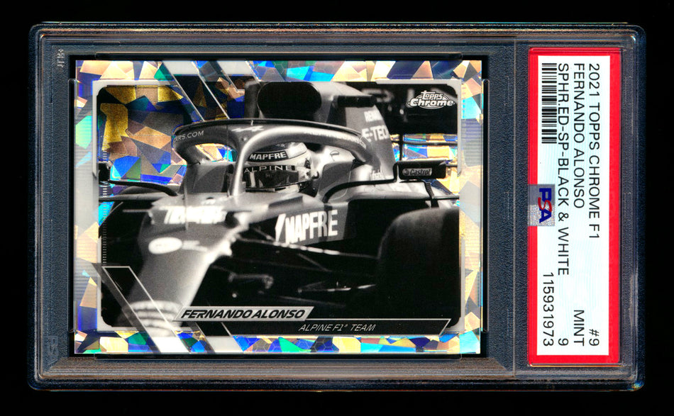 2021 Topps Chrome Sapphire F1 #9 Fernando Alonso RC Black & White Refractor Image Variation SP #07/15 PSA 9 ** (SOLD eBay - $349.00 - 11/13/2025) **