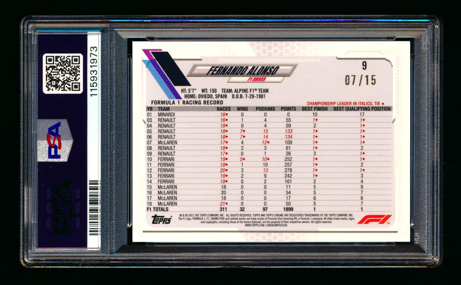 2021 Topps Chrome Sapphire F1 #9 Fernando Alonso RC Black & White Refractor Image Variation SP #07/15 PSA 9 ** (SOLD eBay - $349.00 - 11/13/2025) **