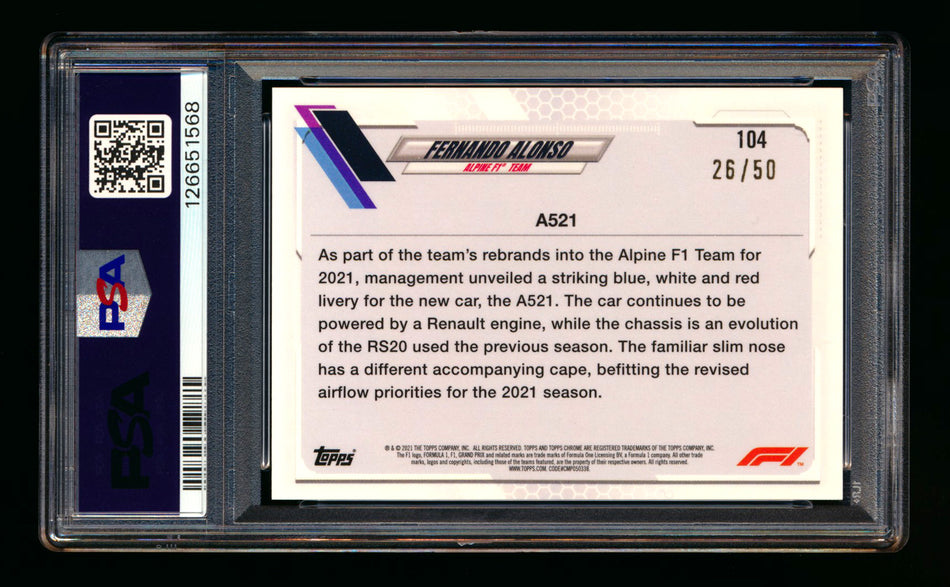 2021 Topps Chrome Sapphire F1 #104 Fernando Alonso RC Gold Refractor #26/50 PSA 10