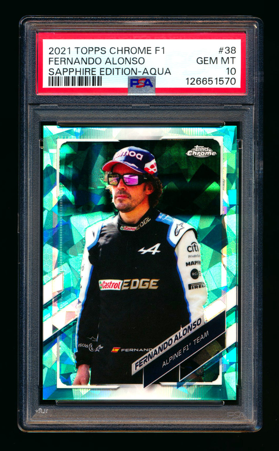 2021 Topps Chrome Sapphire F1 #38 Fernando Alonso RC Aqua Refractor #33/99 PSA 10