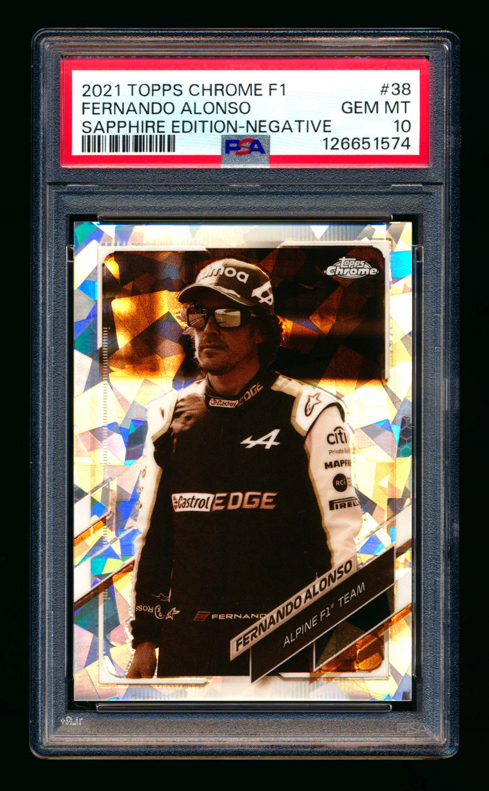 2021 Topps Chrome Sapphire F1 #38 Fernando Alonso RC Negative Refractor #064/100 PSA 10
