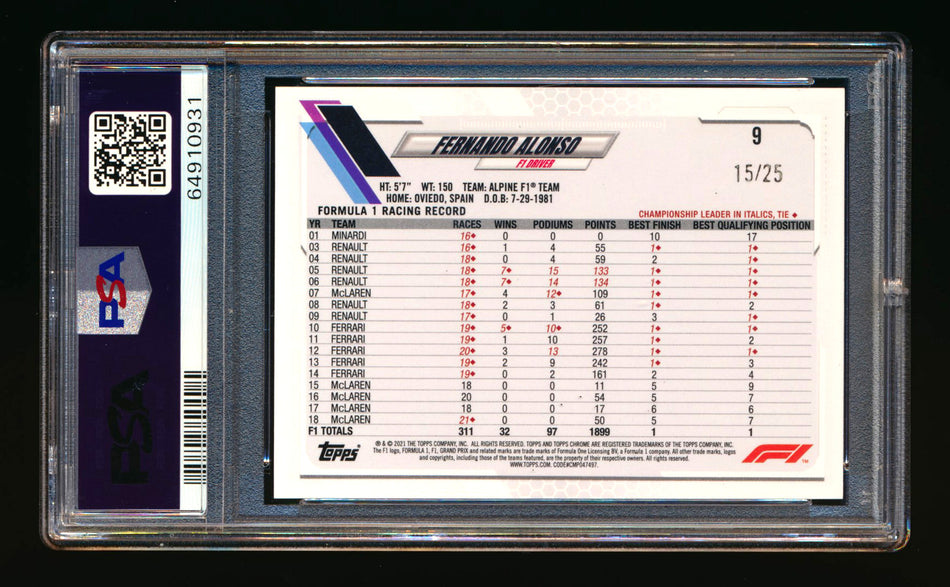 2021 Topps Chrome F1 #9 Fernando Alonso RC Orange Refractor Portrait #15/25 PSA 9 ** (SOLD WCCS - $140.00 - 8/23/2025) **