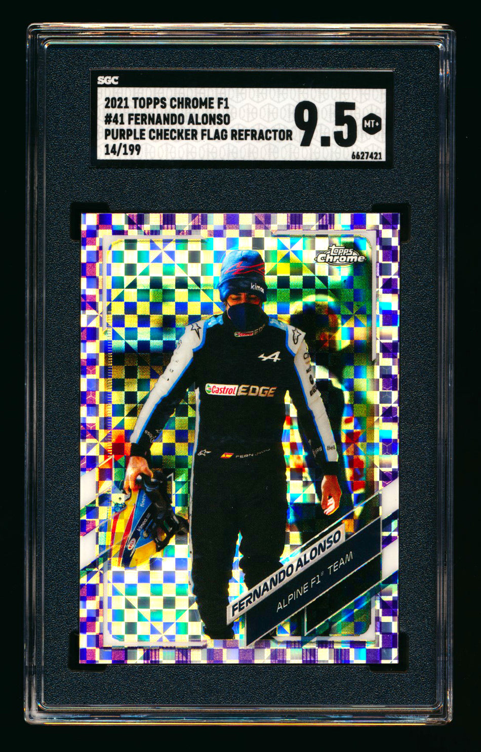 2021 Topps Chrome F1 #41 Fernando Alonso RC Purple Checker Flag Refractor #014/199 SGC 9.5 (Car Number #14!)