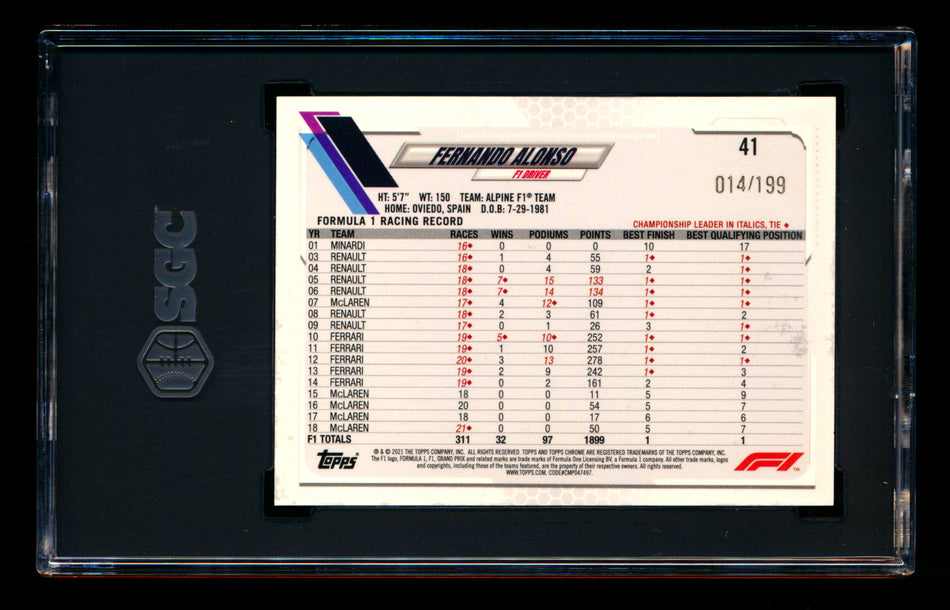 2021 Topps Chrome F1 #41 Fernando Alonso RC Purple Checker Flag Refractor #014/199 SGC 9.5 (Car Number #14!)