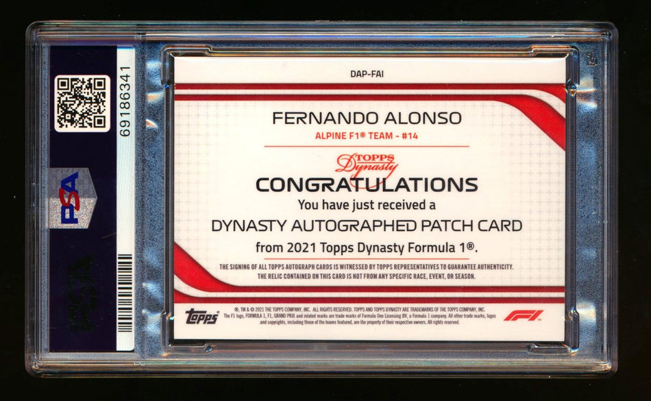 2021 Topps Dynasty F1 #DAP-FAI Fernando Alonso Gold ROOKIE Patch Autograph #1/1 PSA 10 DNA 10