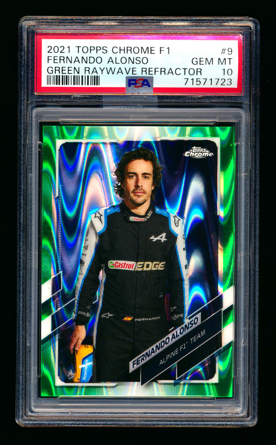 2021 Topps Chrome F1 #9 Fernando Alonso RC Green Raywave Refractor Portrait #14/99 PSA 10 (Car Number #14!)