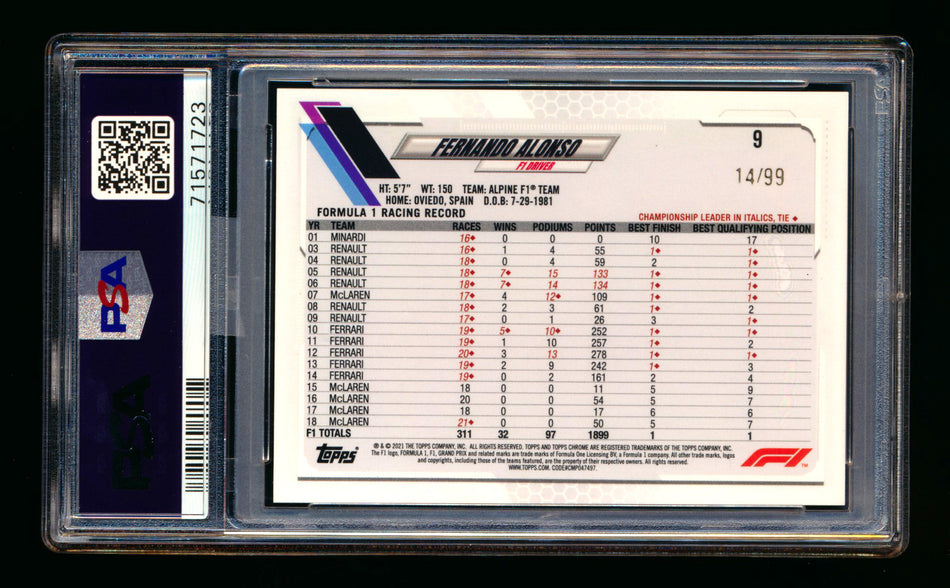 2021 Topps Chrome F1 #9 Fernando Alonso RC Green Raywave Refractor Portrait #14/99 PSA 10 (Car Number #14!)