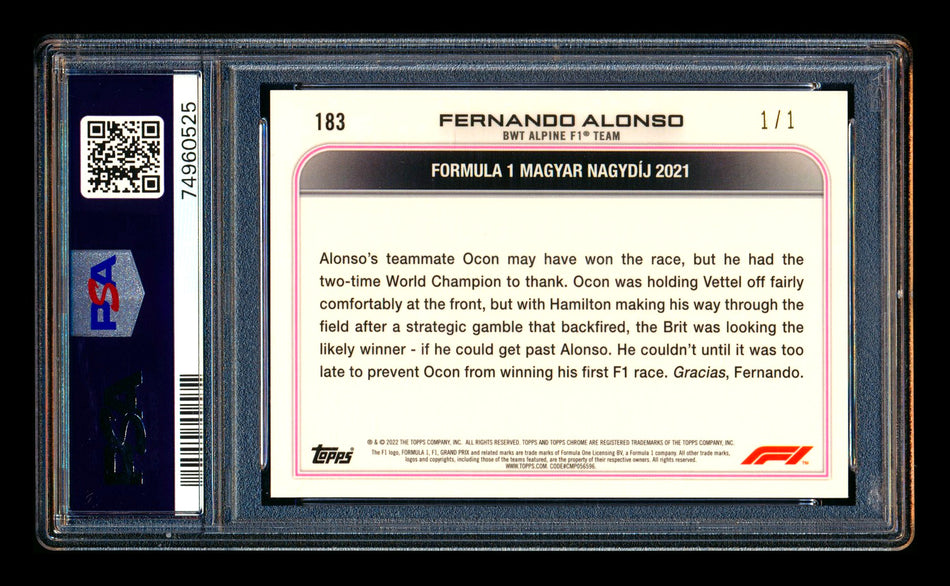 2022 Topps Chrome Sapphire F1 #183 Fernando Alonso Padparadscha Refractor #1/1 PSA 9