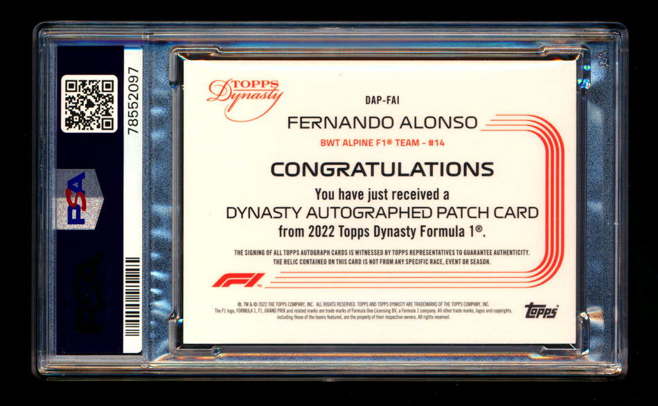 2022 Topps Dynasty F1 #DAP-FAI Fernando Alonso Red Patch Autograph #4/5 PSA 9 Mint ** (SOLD eBay - $700.00 - 3/21/2025) **