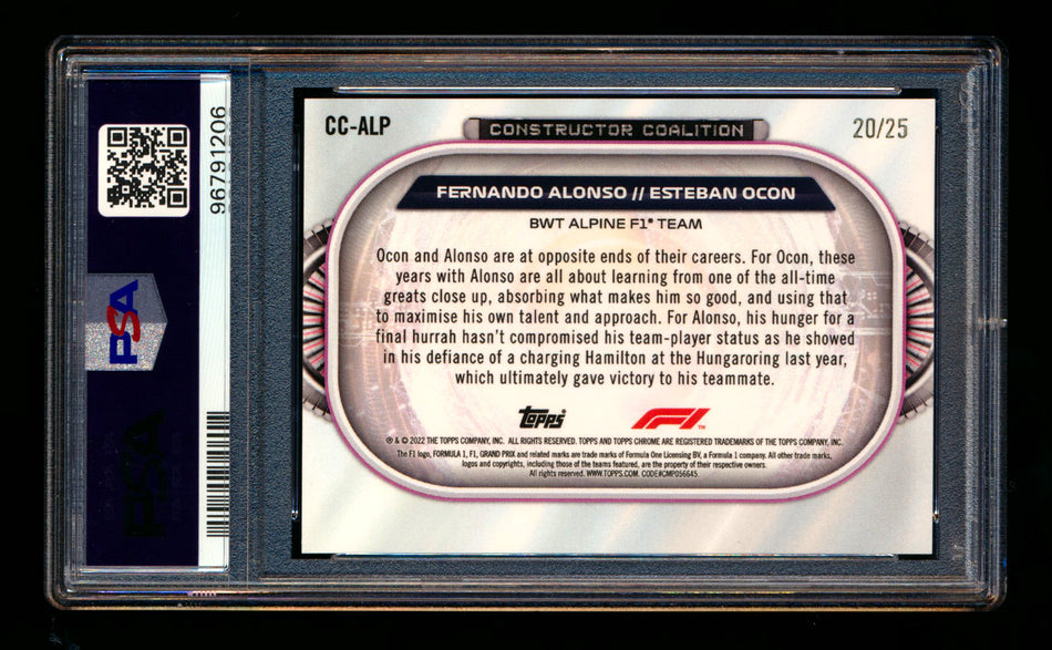 2022 Topps Chrome F1 Constructor Coalition #CC-ALP Fernando Alonso/Esteban Ocon Orange Refractor #20/25 PSA 10 ** (SOLD - $65.00 - 2/18/2025) **