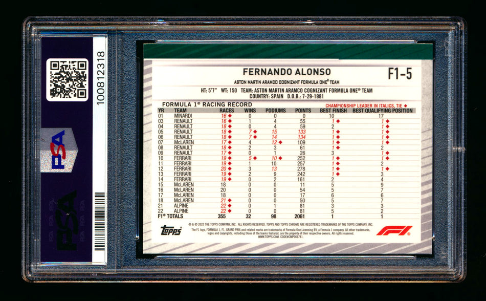 2023 Topps Chrome NSCC F1 #F1-5 Fernando Alonso Refractor PSA 9 ** (SOLD - $59.00 - 5/23/2025) **