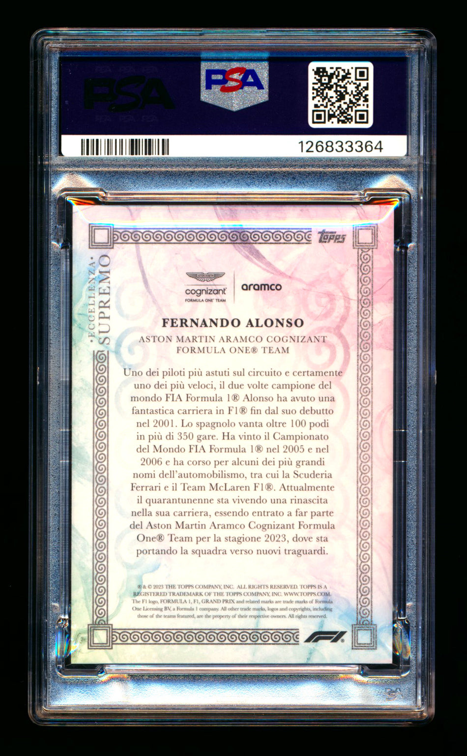 2023 Topps Eccellenza F1 Supremo Fernando Alonso Gradient Parallel #1/5 PSA 8 (First #!)