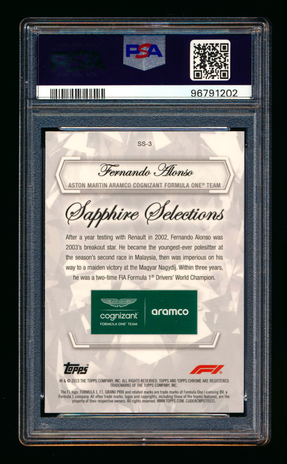 2023 Topps Chrome F1 Sapphire Selections #SS-3 Fernando Alonso Refractor PSA 10 ** (SOLD - $95.00 - 1/19/2025) **