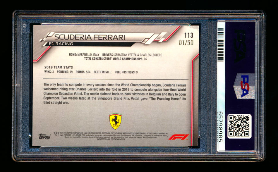 2020 Topps Chrome Sapphire F1 #113 Scuderia Ferrari Team Logo RC Gold Refractor #01/50 PSA 8 (First #!) ** (SOLD - $850.00 - 12/9/2024) **