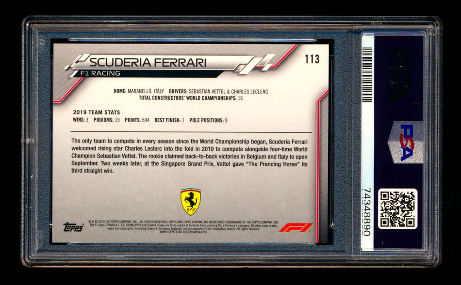 2020 Topps Chrome F1 #113 Scuderia Ferrari Team Logo RC 70th Anniversary Orange Refractor PSA 10