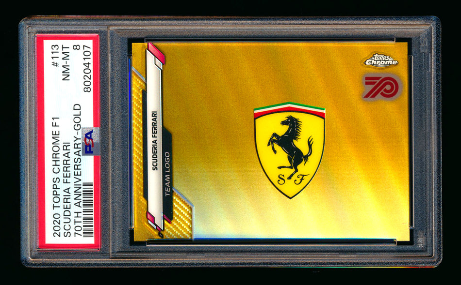 2020 Topps Chrome F1 #113 Scuderia Ferrari Team Logo RC 70th Anniversary Gold Refractor PSA 8