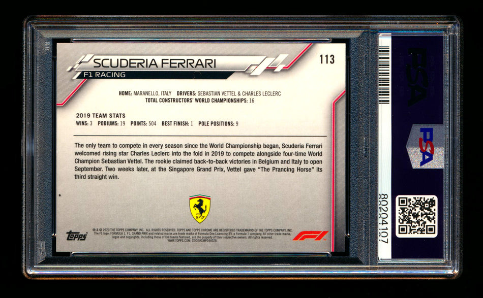 2020 Topps Chrome F1 #113 Scuderia Ferrari Team Logo RC 70th Anniversary Gold Refractor PSA 8