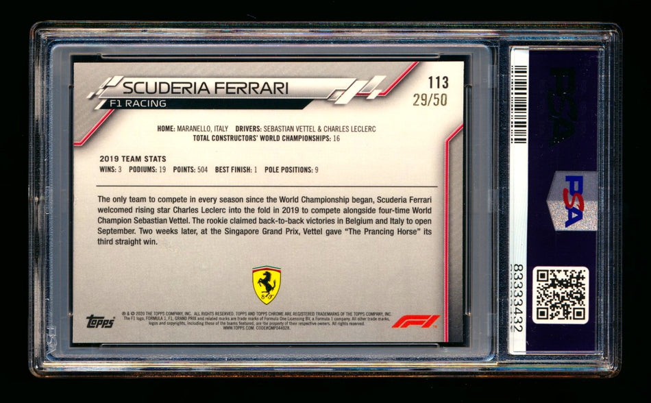 2020 Topps Chrome F1 #113 Scuderia Ferrari Team Logo RC Gold Wave Refractor #29/50 PSA 7