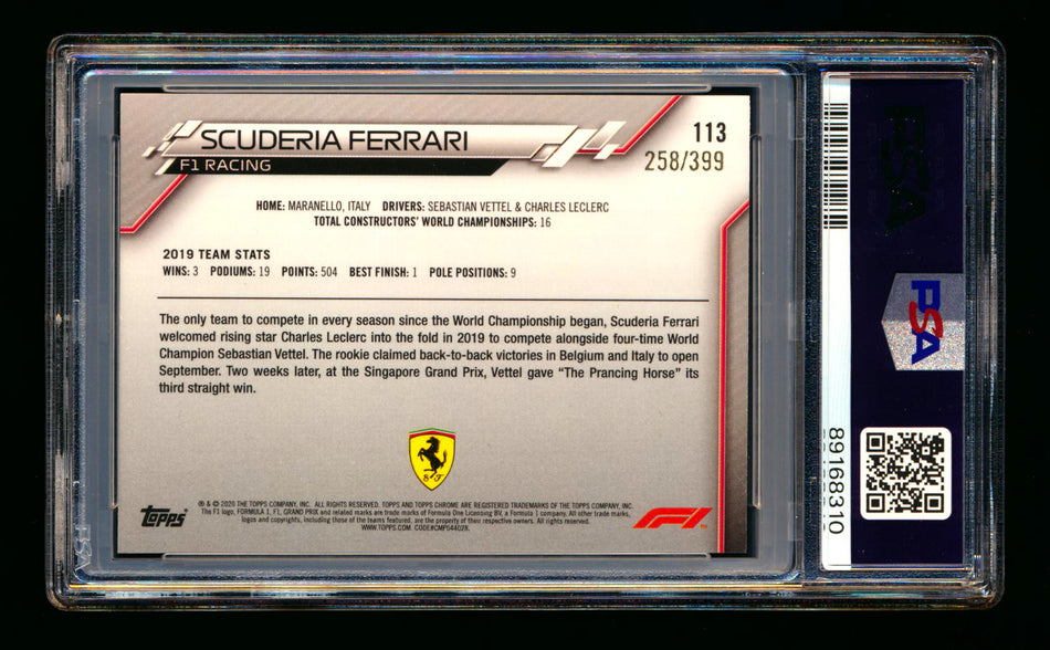 2020 Topps Chrome F1 #113 Scuderia Ferrari Team Logo RC Purple Refractor #258/399 PSA 9