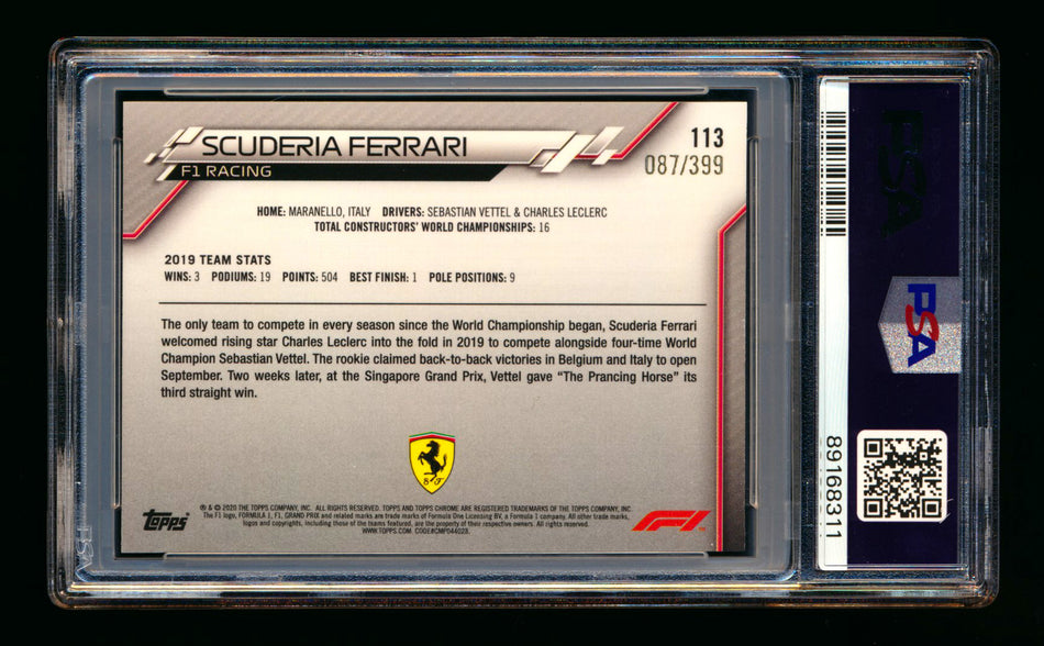 2020 Topps Chrome F1 #113 Scuderia Ferrari Team Logo RC Purple Refractor #087/399 PSA 8