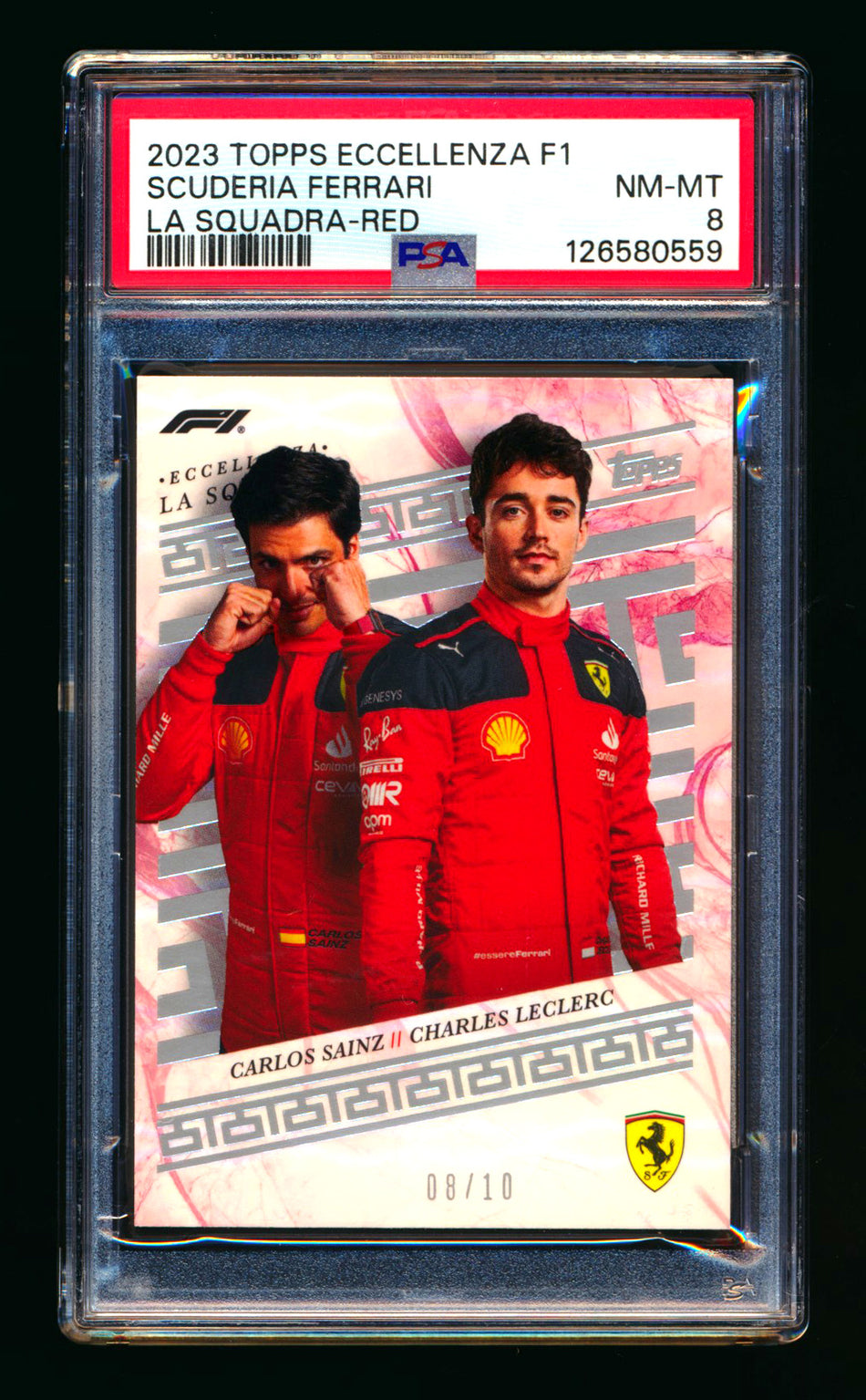 2023 Topps Eccellenza F1 La Squadra Scuderia Ferrari Carlos Sainz/Charles Leclerc Red Parallel #08/10 PSA 8