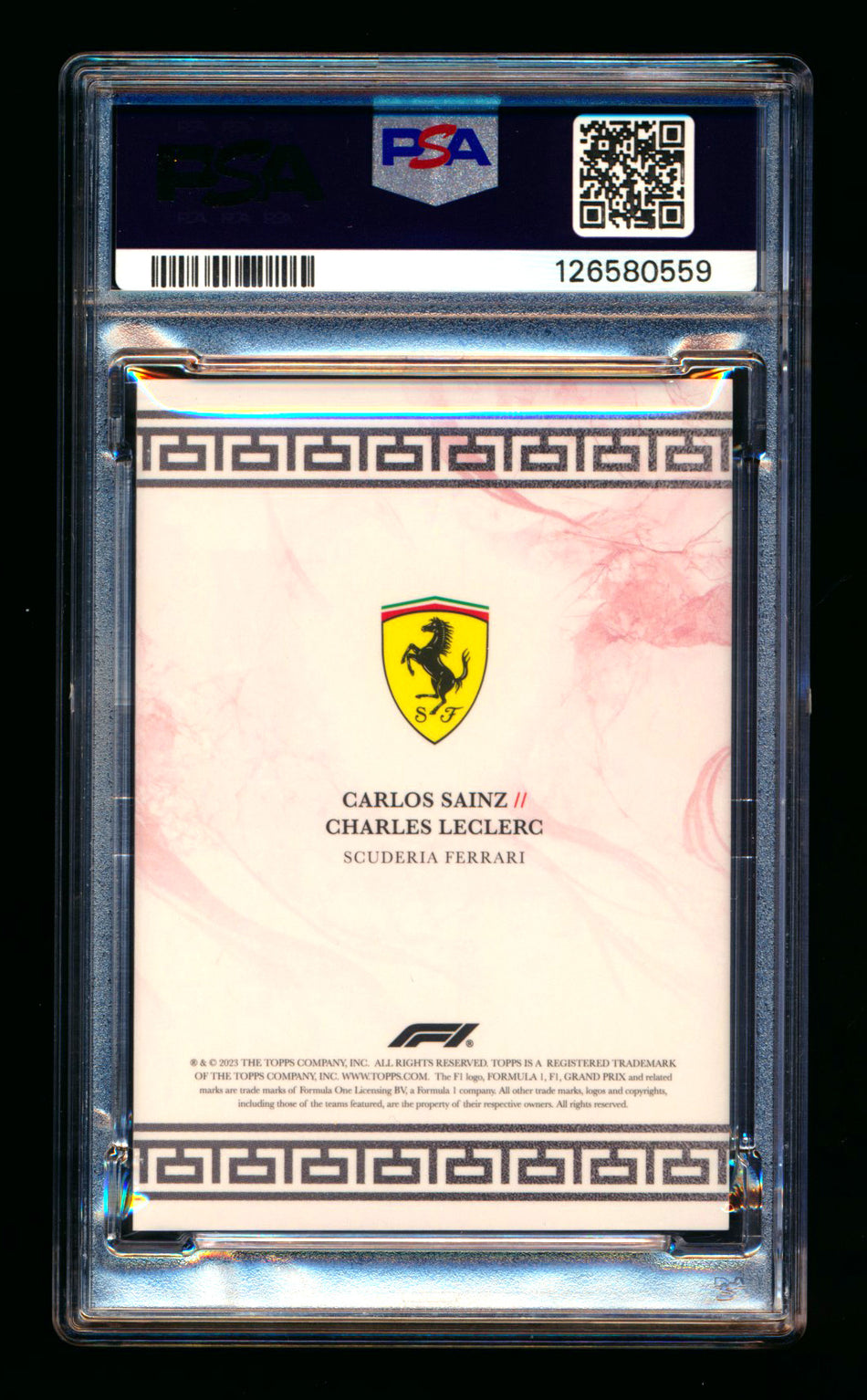 2023 Topps Eccellenza F1 La Squadra Scuderia Ferrari Carlos Sainz/Charles Leclerc Red Parallel #08/10 PSA 8