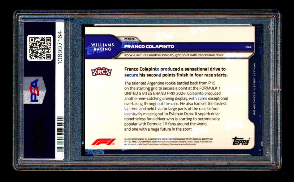 2024 Topps Now F1 #62 Franco Colapinto RC Formula One PSA 10 - POP 1! ** (SOLD - $65.00 - 7/27/2025) **