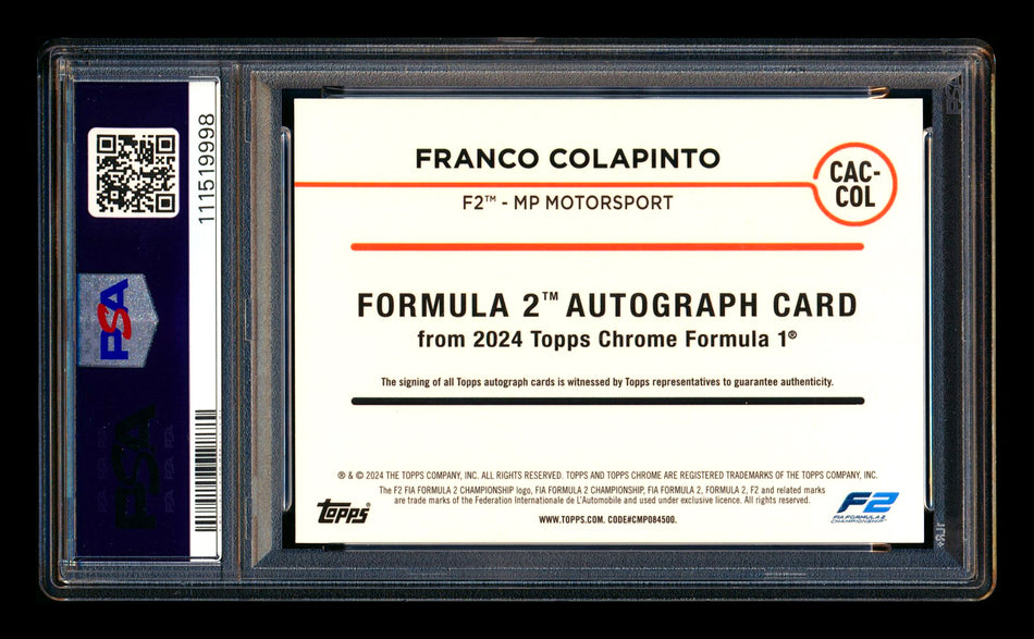 2024 Topps Chrome F1 #CAC-COL Franco Colapinto RC Red Refractor Autograph #4/5 PSA 9 DNA 10