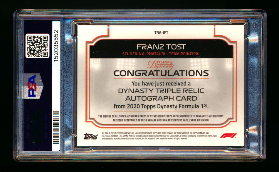 2020 Topps Dynasty F1 #TRA-IFT Franz Tost ROOKIE Triple Patch Autograph #09/10 PSA 10 Gem Mint DNA 10 - POP 1!