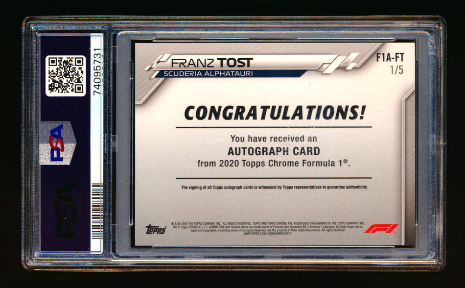 2020 Topps Chrome F1 #F1A-FT Franz Tost RC Red Refractor Autograph #1/5 PSA 8 DNA 10 ** (SOLD - $1,095.00 - 12/1/2024) **