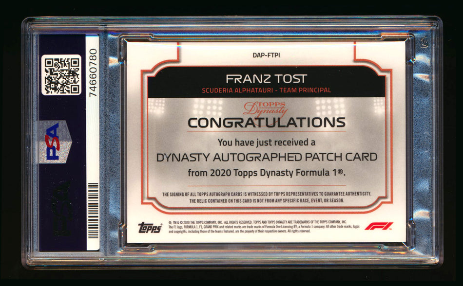 2020 Topps Dynasty F1 #DAP-FTPI Franz Tost ROOKIE Patch Autograph #06/10 PSA 10 Gem Mint DNA 10 ** (SOLD - $379.00 - 10/26/2024) **