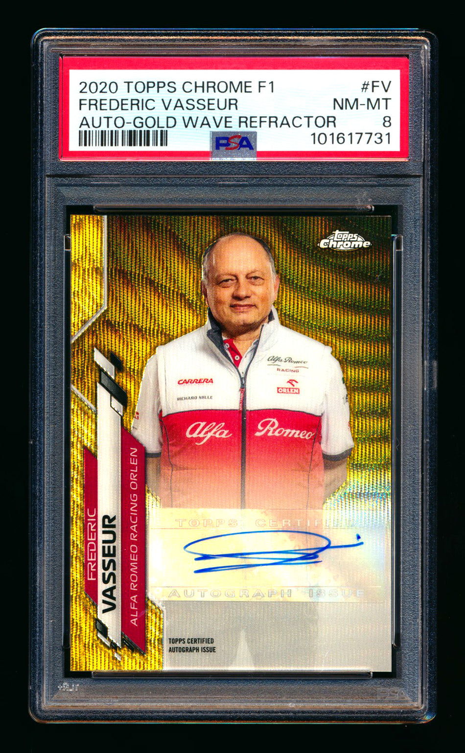 2020 Topps Chrome F1 #F1A-FV Frederic Vasseur RC Gold Wave Refractor Autograph #28/50 PSA 8 ** (SOLD - $249.00 - 11/1/2025) **
