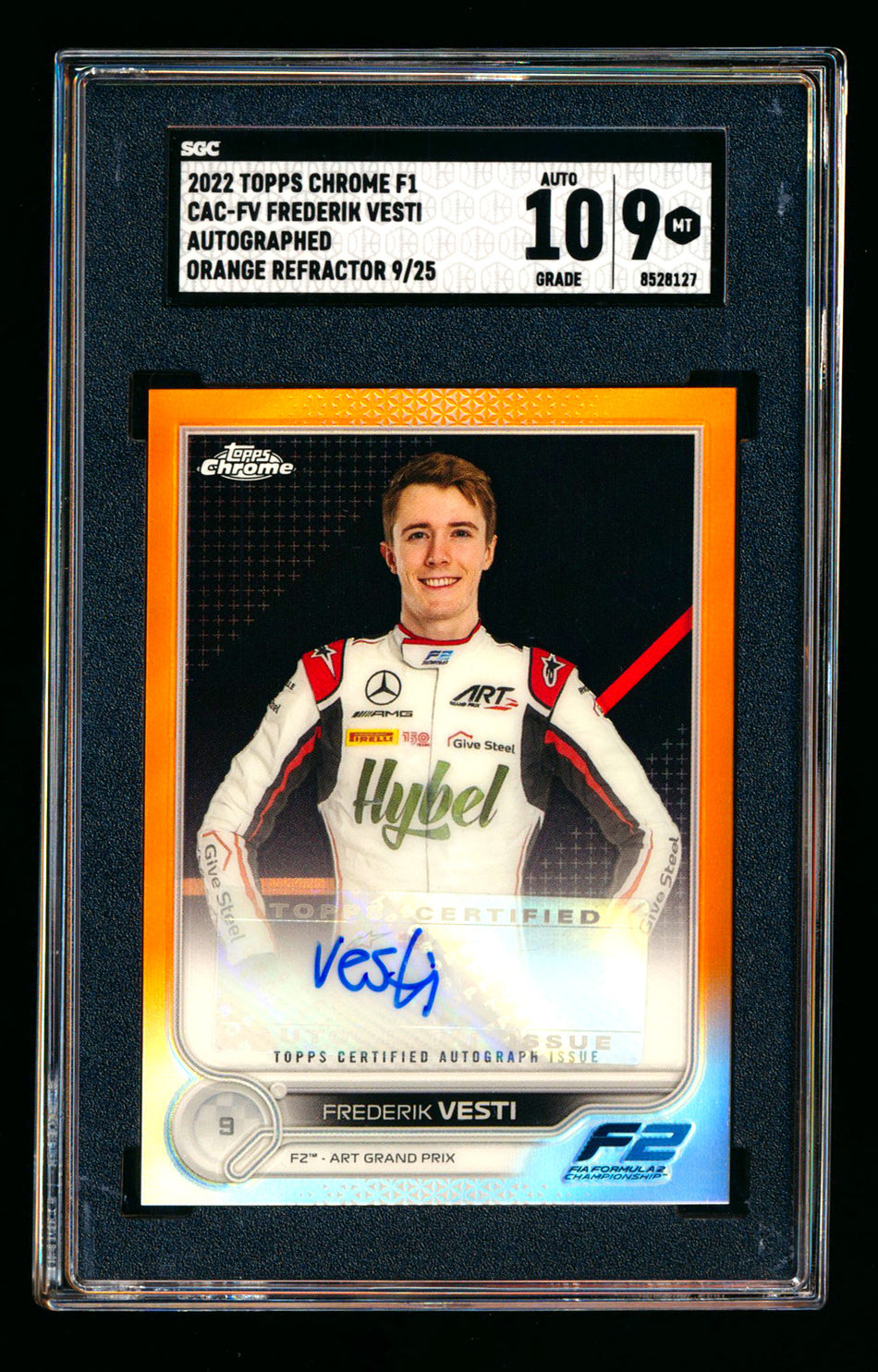 2022 Topps Chrome F1 #CAC-FV Frederik Vesti RC Orange Refractor Autograph #09/25 SGC 9 DNA 10