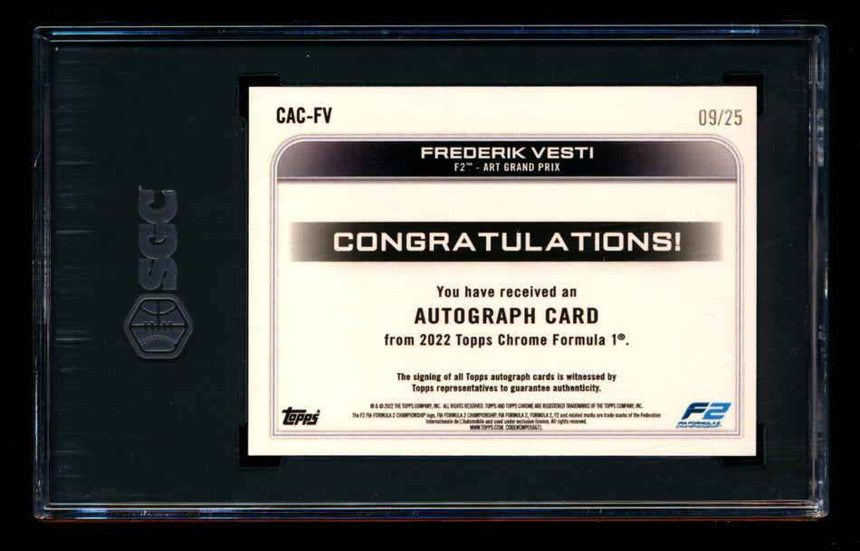 2022 Topps Chrome F1 #CAC-FV Frederik Vesti RC Orange Refractor Autograph #09/25 SGC 9 DNA 10