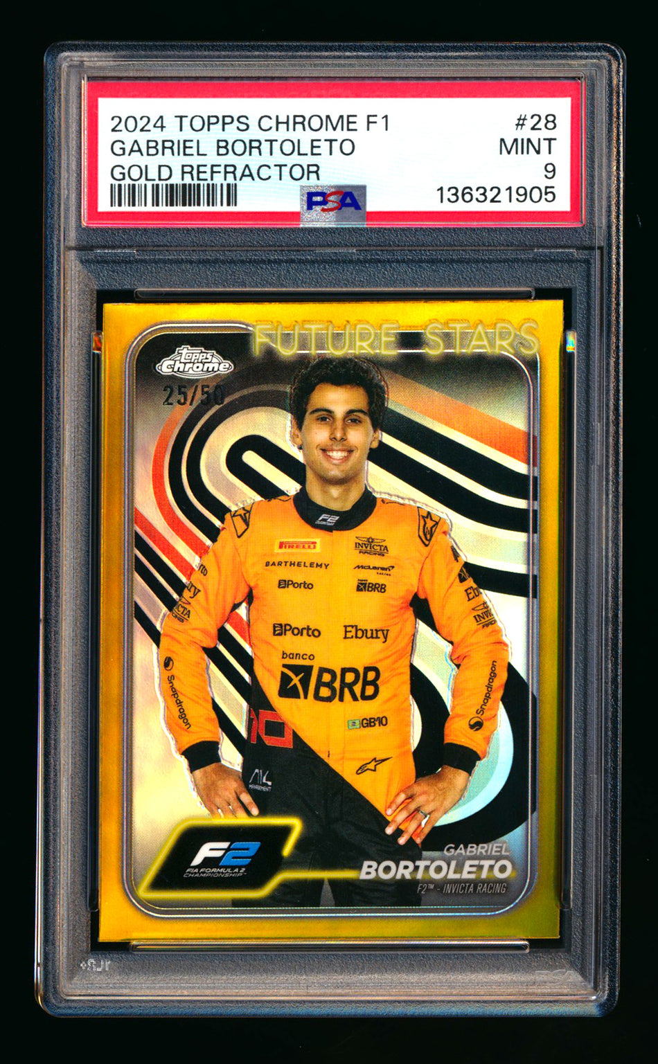 2024 Topps Chrome F1 #28 Gabriel Bortoleto RC Gold Refractor #25/50 PSA 9