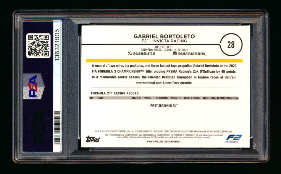 2024 Topps Chrome F1 #28 Gabriel Bortoleto RC Gold Refractor #25/50 PSA 9