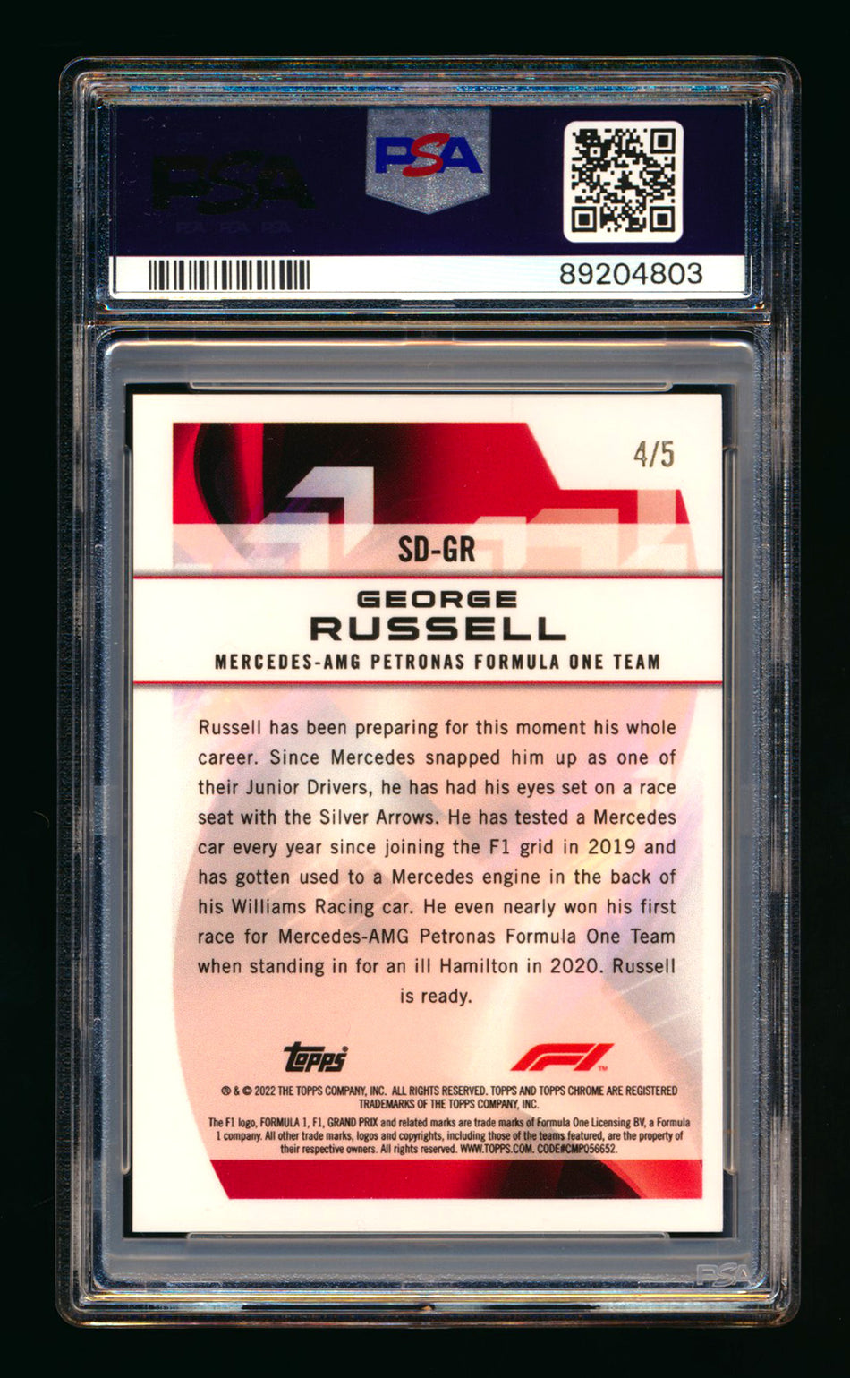 2022 Topps Chrome F1 Speed Demons #SD-GR George Russell Red Refractor #4/5 PSA 10 ** (SOLD eBay - $479.00 - 2/13/2026) **