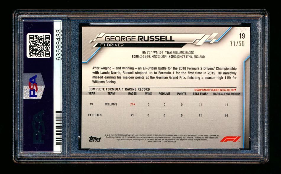 2020 Topps Chrome F1 #19 George Russell RC Gold Refractor Portrait #11/50 PSA 7