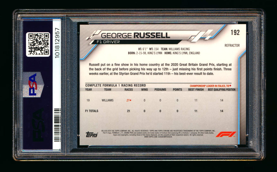 2020 Topps Chrome F1 #192 George Russell RC Refractor PSA 10 ** (SOLD eBay - $100.00 - 2/3/2025) **