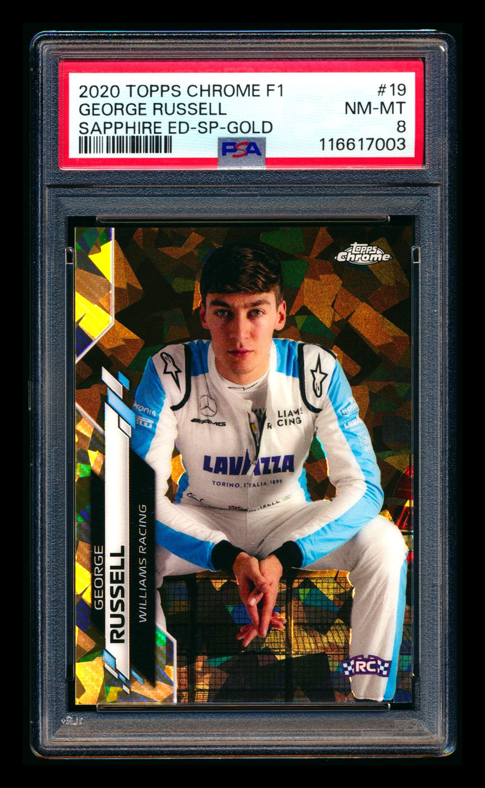 2020 Topps Chrome Sapphire F1 #19 George Russell RC Gold Refractor Image Variation SP #39/50 PSA 8