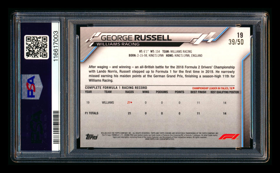 2020 Topps Chrome Sapphire F1 #19 George Russell RC Gold Refractor Image Variation SP #39/50 PSA 8