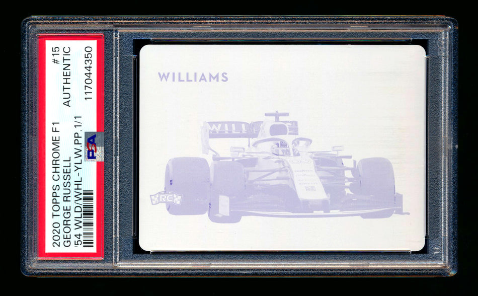 2020 Topps Chrome F1 1954 World On Wheels #54W-15 George Russell RC Yellow Printing Plate #1/1 PSA Authentic