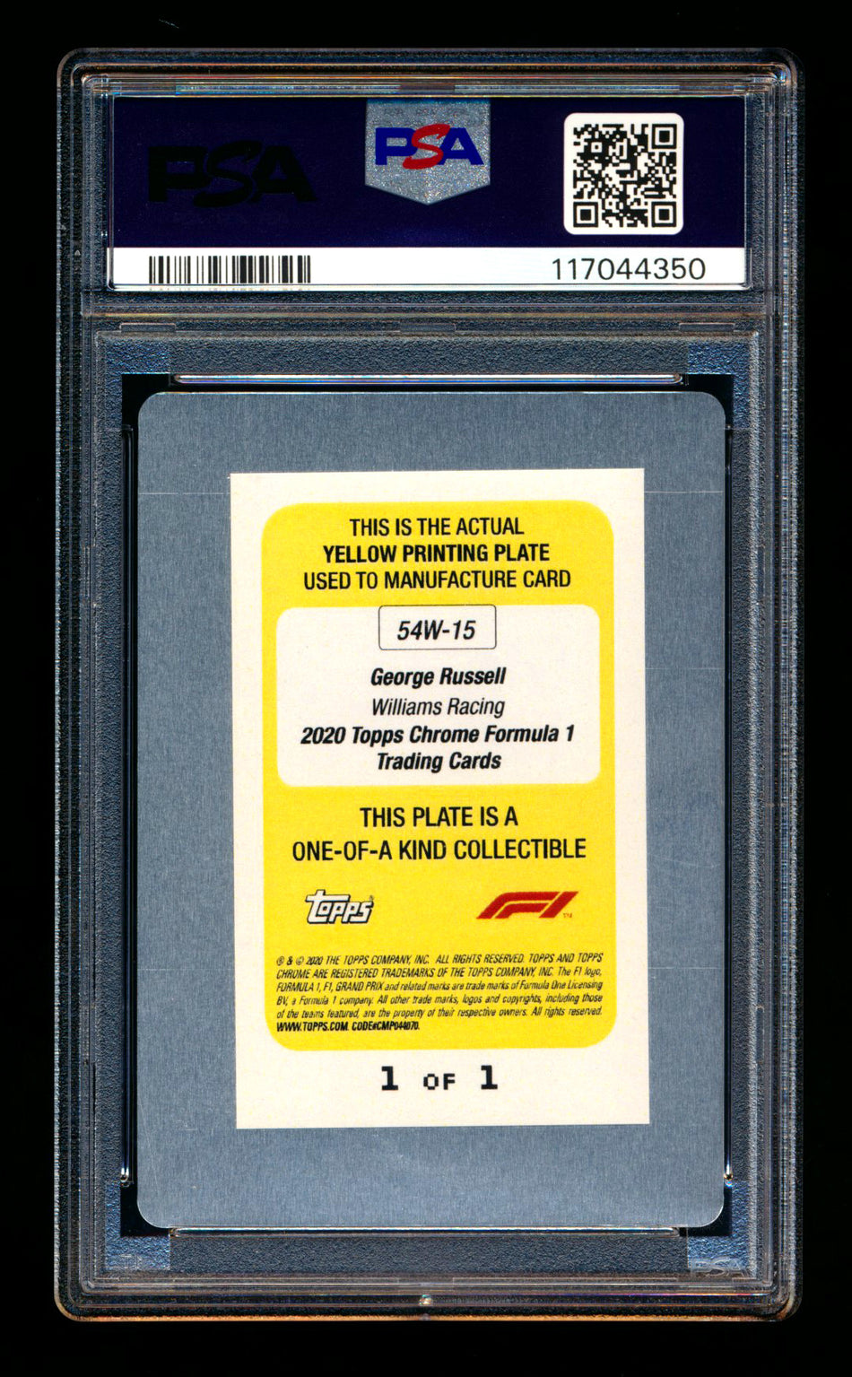 2020 Topps Chrome F1 1954 World On Wheels #54W-15 George Russell RC Yellow Printing Plate #1/1 PSA Authentic